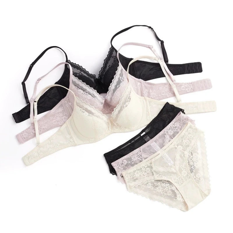 Summer Sexy Lace Embroidery Women Lingerie Set French Thin Cup Push up Bra Comfort Breathable Underwear Ladies Bra Briefs Set