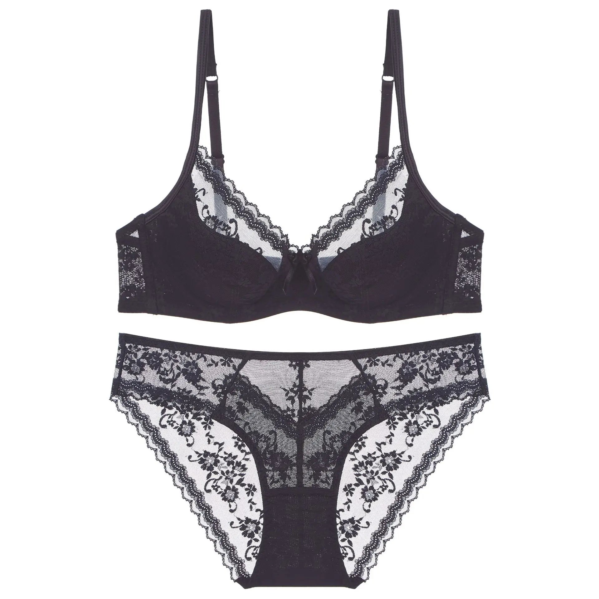Summer Sexy Lace Embroidery Women Lingerie Set French Thin Cup Push up Bra Comfort Breathable Underwear Ladies Bra Briefs Set
