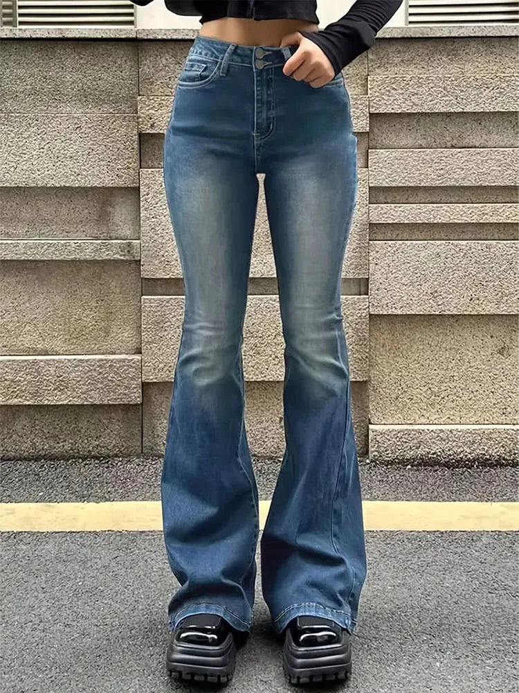 Women Flare Stretch Moustache Jeans Fashion 